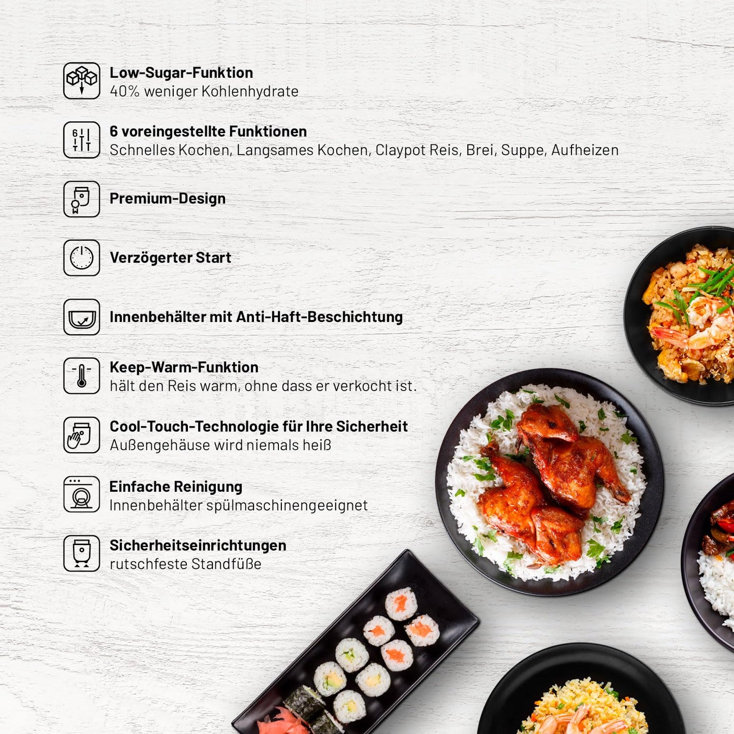 Lauben Low Sugar Reiskocher 1.5L Anthrazit